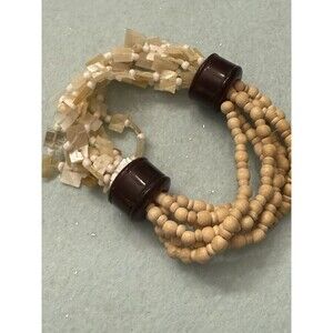 Multi Strand Mother Of Pearl W/wooden Beads Stretchy 7” Bracelet